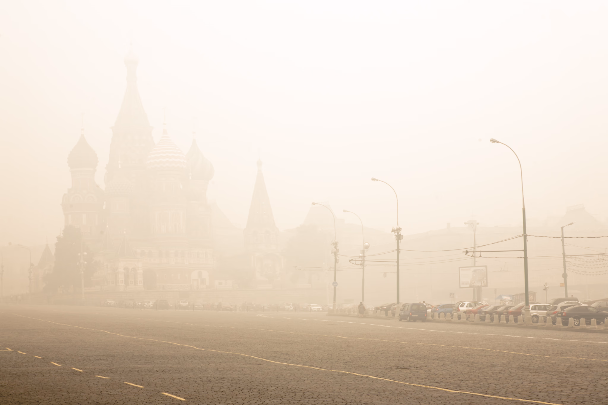 Saint Basil’s Cathedral in smoke (Moscow, Russia)