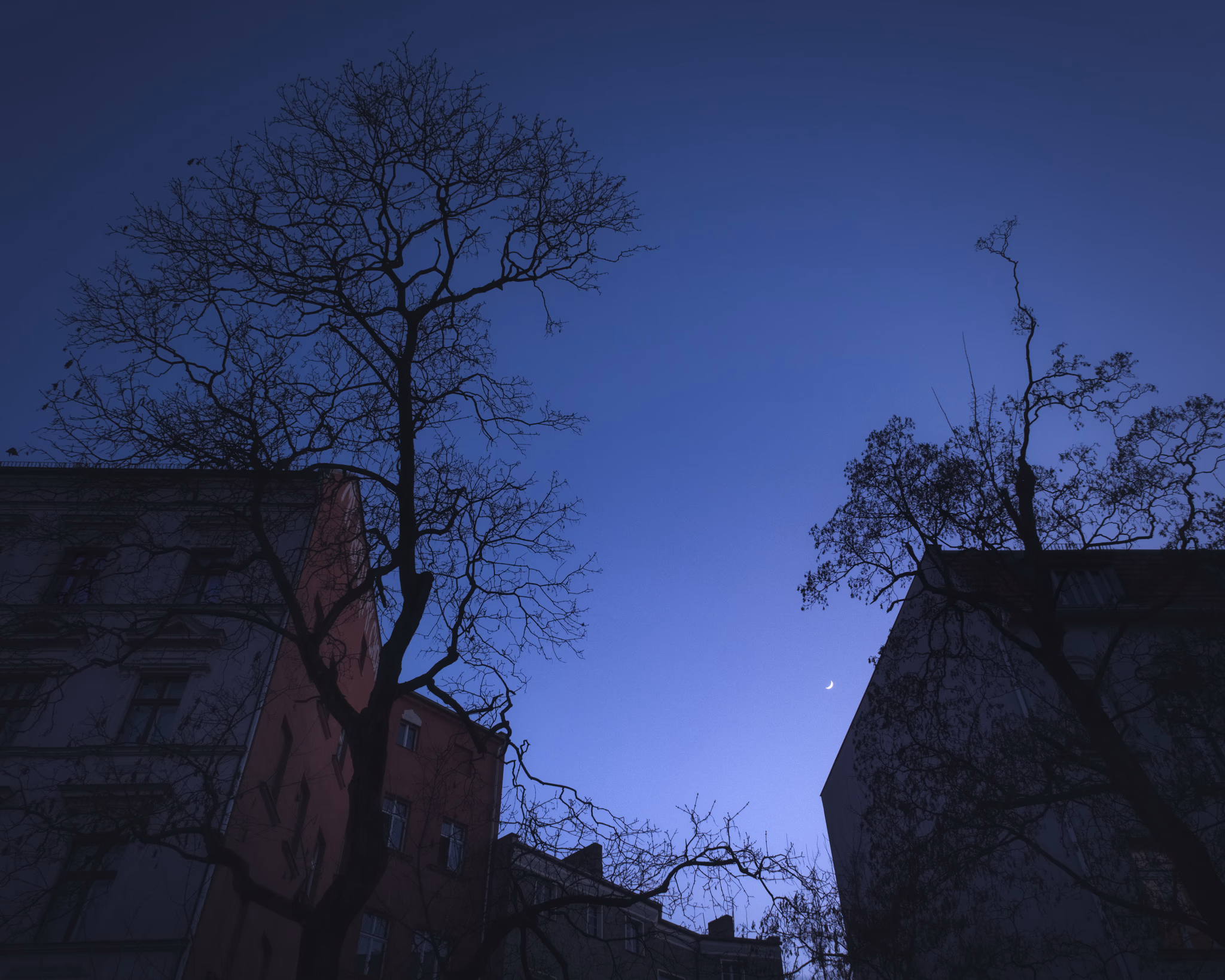 Cityscape with new moon (Berlin, Germany)